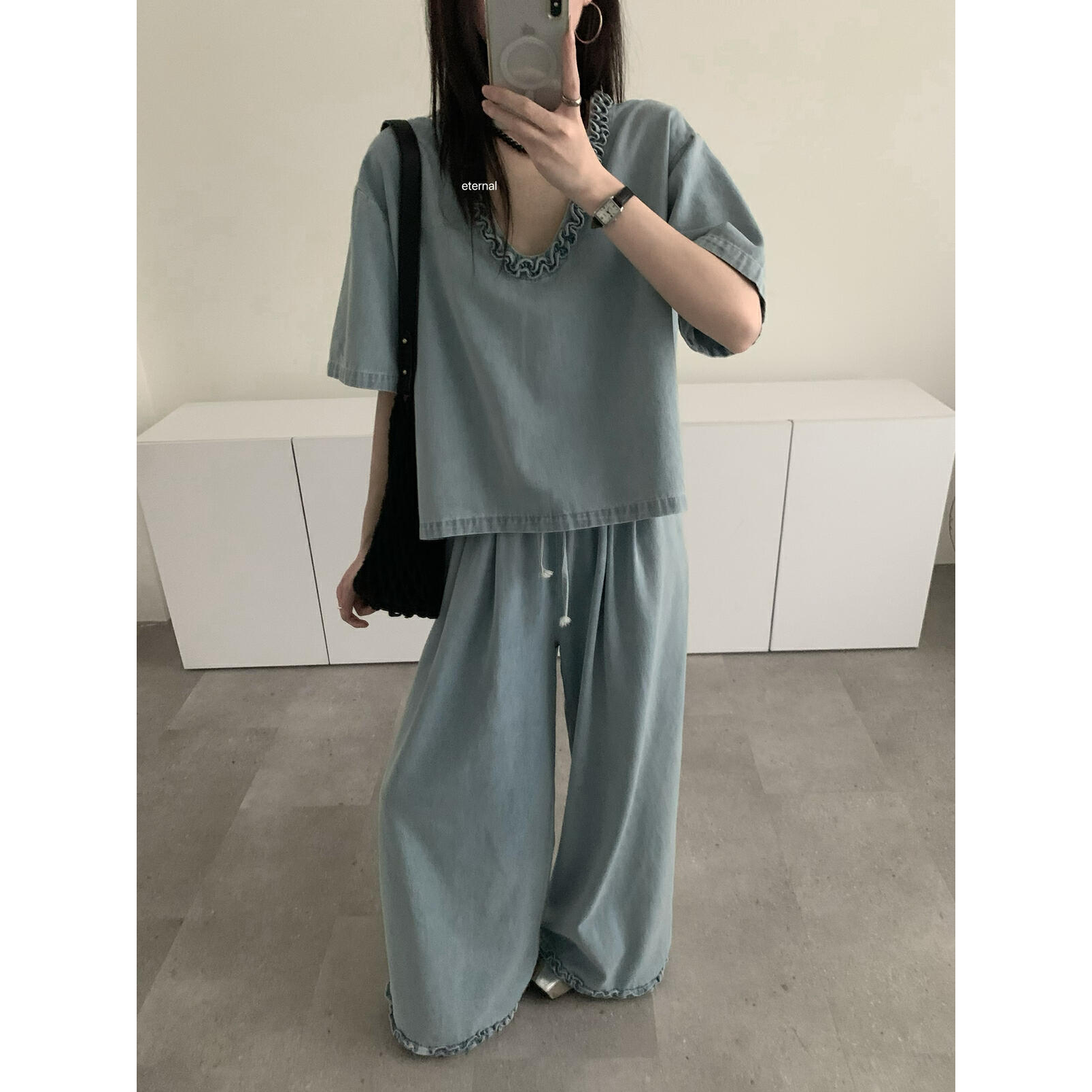 al.西子】花边下摆全松紧腰绳洗旧牛仔阔腿裤牛仔裤  50268#  MXN