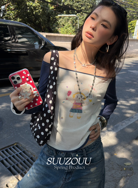 SUUZOUU-26年早春拼色手绘兔子印花一字肩小衫26T072