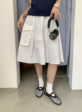 约休闲百搭抽绳高腰半身裙遮胯显瘦A字中款白色半身裙D26117#LKZ