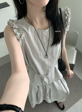 西子木耳边袖配质感腰带纯色百搭韩系度假风上衣小衫配腰带50662#