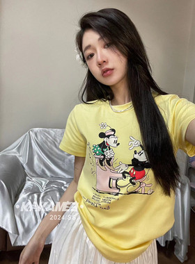 【KAKAMEE】早春新款新中式元素碰撞米奇喷画短袖T恤6339#8