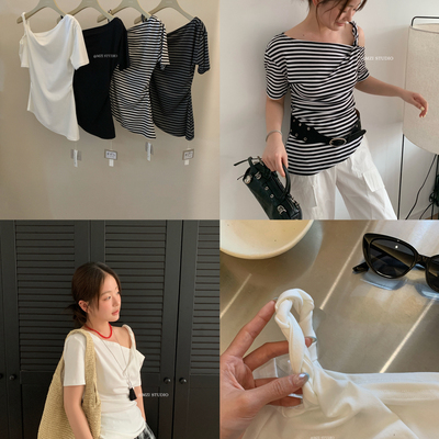 MZI STUDIO-肩带斜肩短袖T恤修身显瘦百搭气质上衣短袖T恤13687B