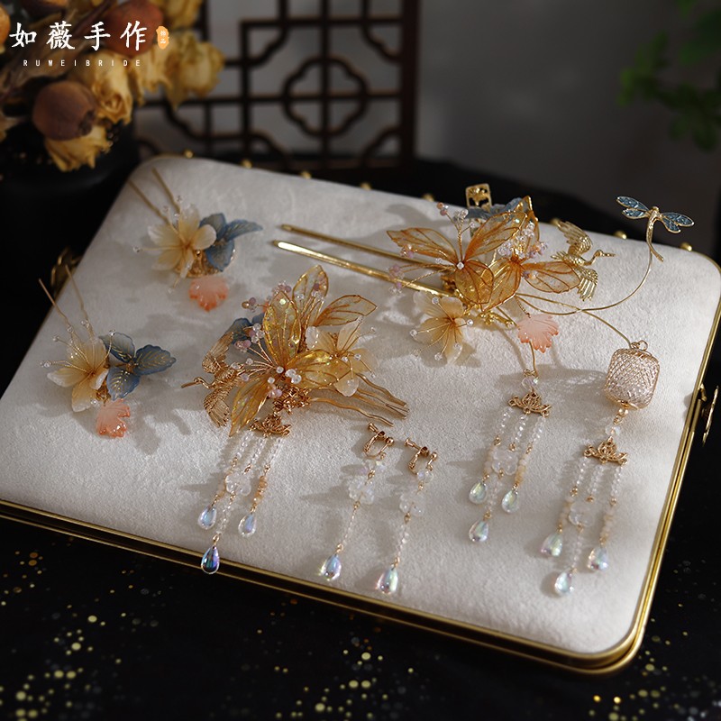 如薇复古汉服手工金色造液花龙凤褂头饰中式传统婚礼新娘古装发饰