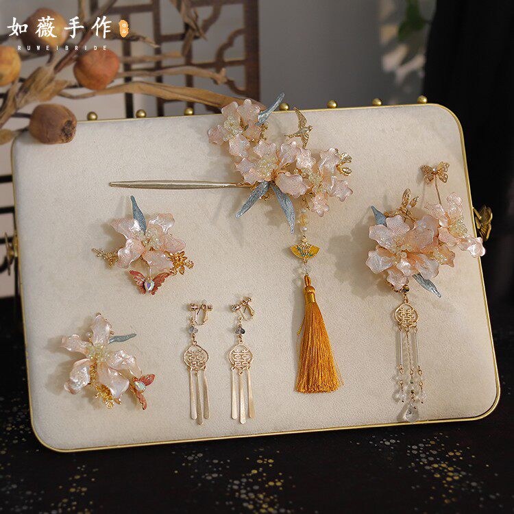 樱花粉闪亮金粉造液花头饰套装