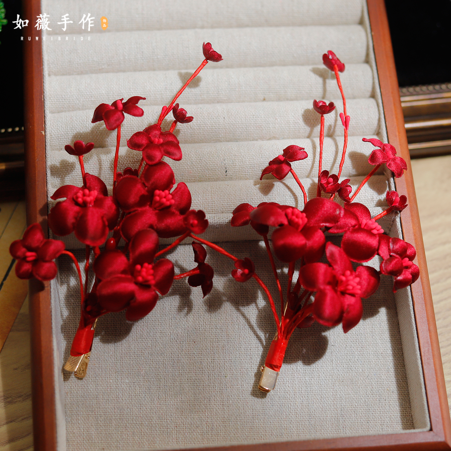 新款复古手工酒红色花朵发饰