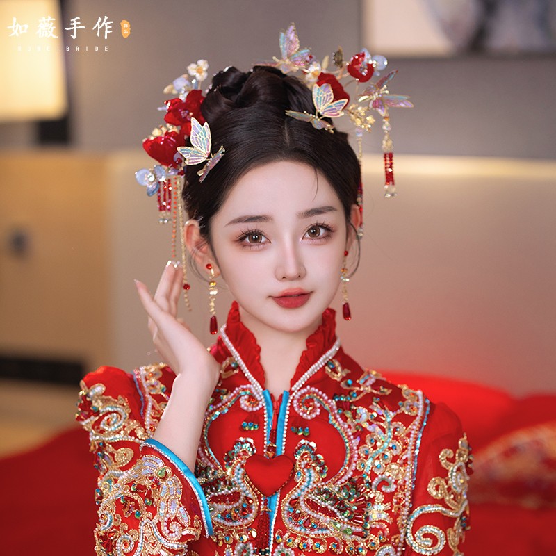 新娘中式秀禾酒红色滴胶花彩蝶头发饰