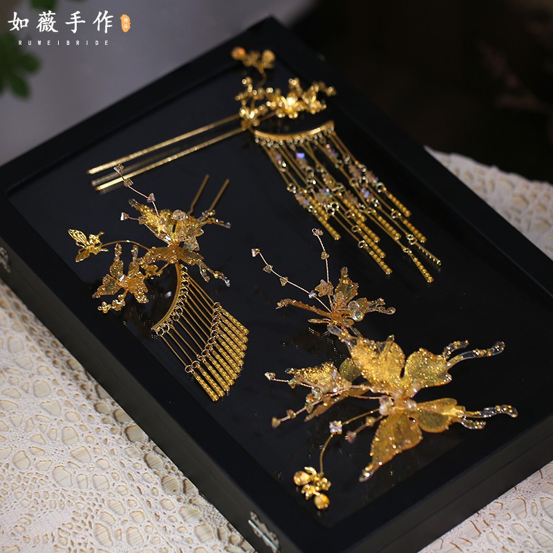 龙凤褂新娘简约精致头饰金色大气花朵流苏发钗秀禾晨袍发饰套装女