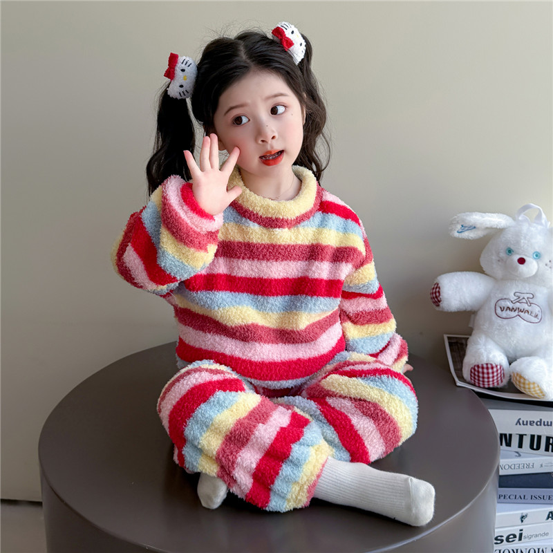 儿童睡衣女童秋冬款珊瑚绒宝宝卡通可爱彩虹条纹家居服套装2025新