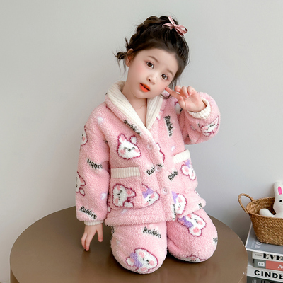 儿童睡衣女童秋冬款2025新款珊瑚绒女宝宝卡通可爱兔子家居服套装