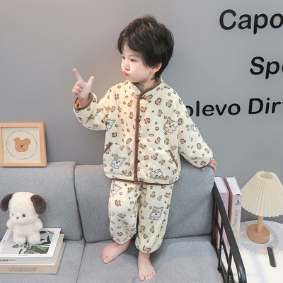 儿童睡衣男童秋冬款2025新款珊瑚绒宝宝卡通豹纹家居服套装可外穿