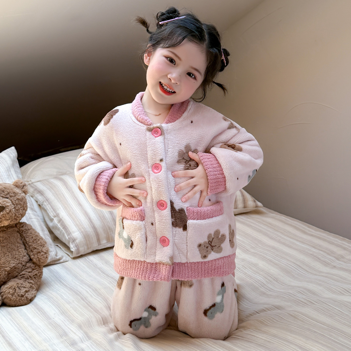 儿童睡衣女童秋冬款2025新款珊瑚绒套装家居服中小童卡通可爱套装