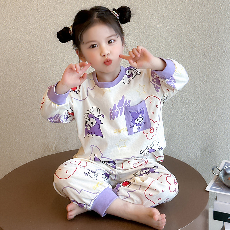 女童睡衣2025新款春秋胸前口袋圆领休闲家居服儿童卡通满印款套装