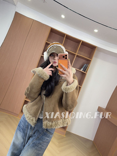 新款进口托卡羊羔毛反绒皮毛一体女外套两面穿连帽保暖皮草爆欧货