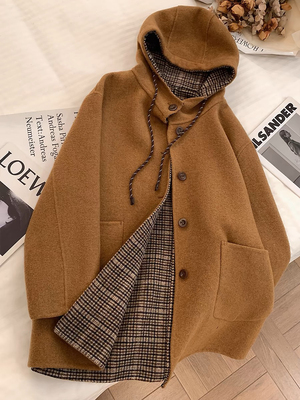 韩系新款连帽双面羊绒大衣女中长款阔版大码斗篷型慵懒风羊毛外套