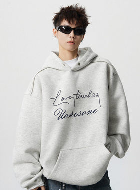 anniehall official西西里男装白糖玫瑰重磅砂洗做旧绳绣连帽卫衣