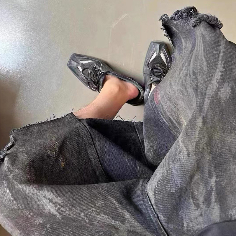 burn Brother   GR Minority Rough edge destruction Mud dyeing Splicing Irregular 7 points Denim shorts easy deconstruction Design
