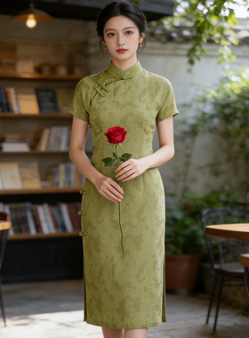 青绿色文艺旗袍夏季2026年新款全开襟年轻款棉麻日常改良连衣裙