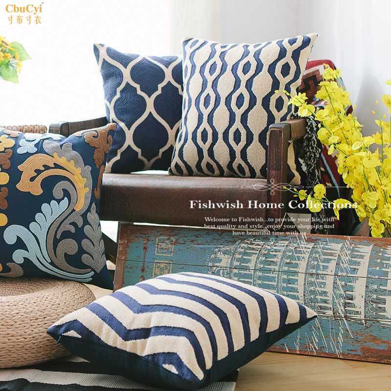 Geometry Bluish white Embroidered cushion covers stripe sofa Cotton and hemp American style Embroidery backrest Pillowcase Excluding corein the Home Fabric , Pillow/Pillow  category - from Buy2taobao.com to provide professional Taobao agent buy service