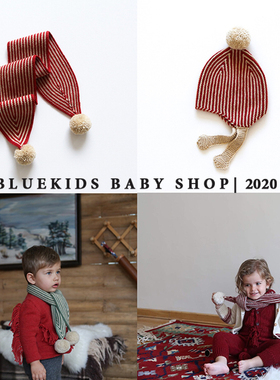 儿童保暖围巾秋冬手工美丽诺羊毛婴幼儿宝宝条纹球球针织护耳帽子