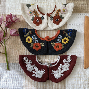 100%美丽诺羊毛刺绣领子百搭围脖 花朵领女童围脖儿童针织假领子