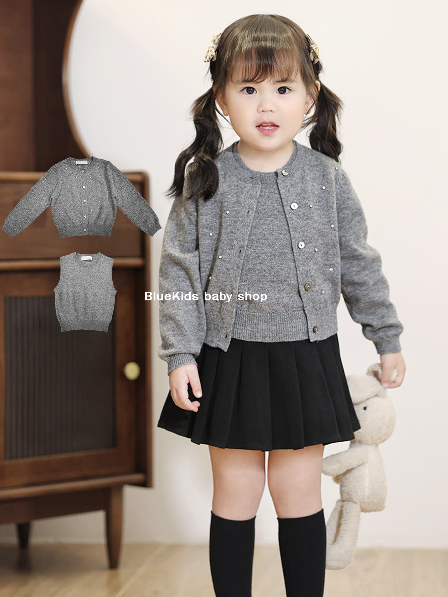 25春秋童装手工钉钻羊毛针织开衫 女童柔软背心 宝宝毛衣百搭上衣