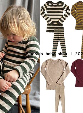 20%羊毛 秋冬Mabli 男女童宝宝条纹针织婴幼毛衣家居服打底衫裤子