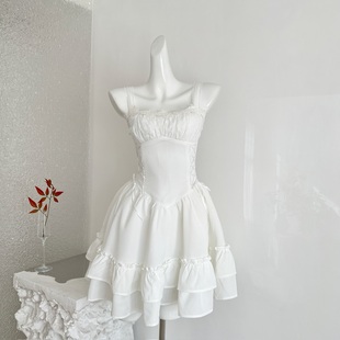 2026系带收腰小白花春日初恋裙白色收腰吊带连衣裙韩系初恋小白裙