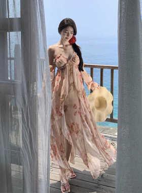 法式性感露背碎花吊带挂脖连衣裙海边度假沙滩裙海岛绝美穿搭ootd