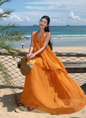 三亚海边度假沙滩裙海岛穿搭绝美旅游拍照橙色露背吊带连衣裙长裙