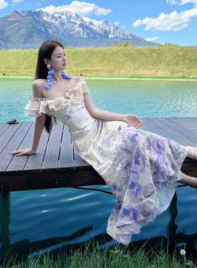 三亚海边度假沙滩裙海岛穿搭绝美旅游拍照收腰碎花吊带连衣裙长裙