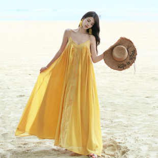三亚海边绝美穿搭沙滩裙超仙法式 黄色吊带连衣裙海岛度假裙ootd女