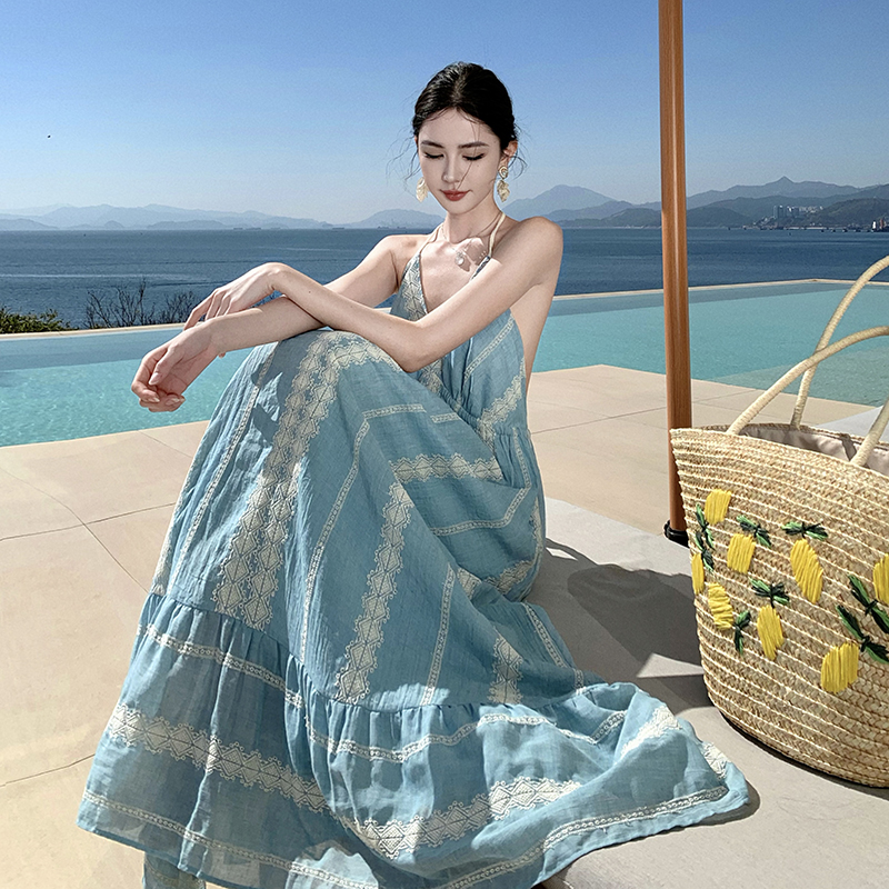 【现货秒发】蓝色海边度假风长裙