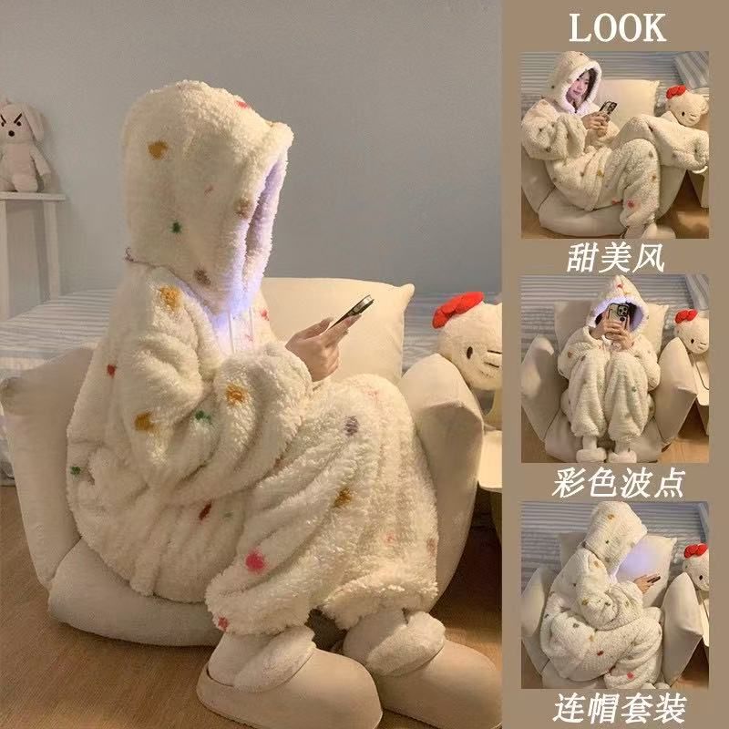 韩版彩色波点珊瑚绒睡衣女冬季