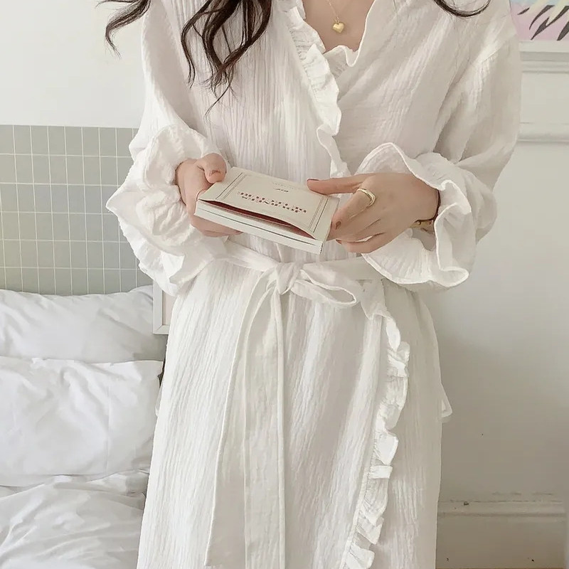 纯欲风性感荷叶边睡衣裙子女春秋薄款长款睡袍浴袍家居服睡裙晨袍