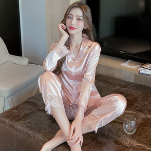 粉色高级感小香风 冰丝仿真丝夏天家居服套装 秋冬睡衣女春秋季 长袖