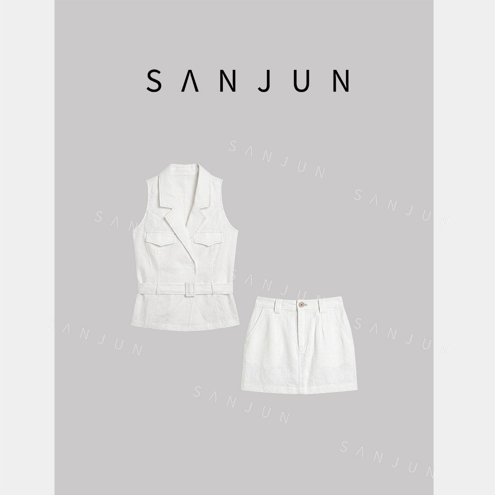 SANJUN【松风吟权】新款高智感V领收腰无袖马甲套装 9509＋9891