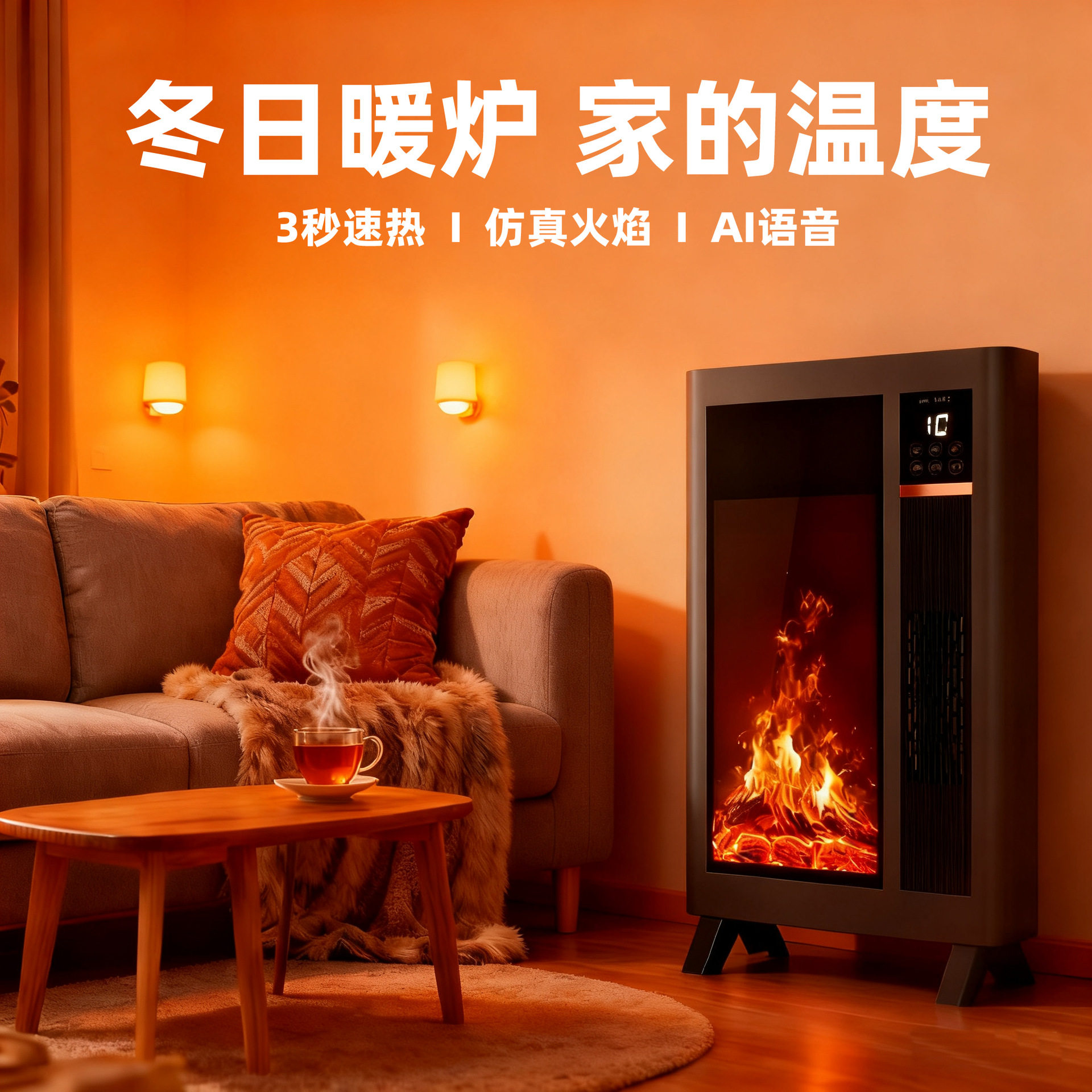 日本进口2025新款暖风机壁炉取暖器火焰氛围加湿器ai语音控制遥控