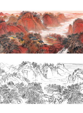 工笔画白描底稿红色江山万年长横幅山水画实物打印临摹线稿FS10