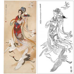 工笔画飞天仕女仙鹤《献寿图》四尺白描底稿传统仕女非宣纸稿B051