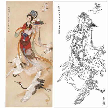 工笔画飞天仕女仙鹤《献寿图》四尺白描底稿传统仕女非宣纸稿B051