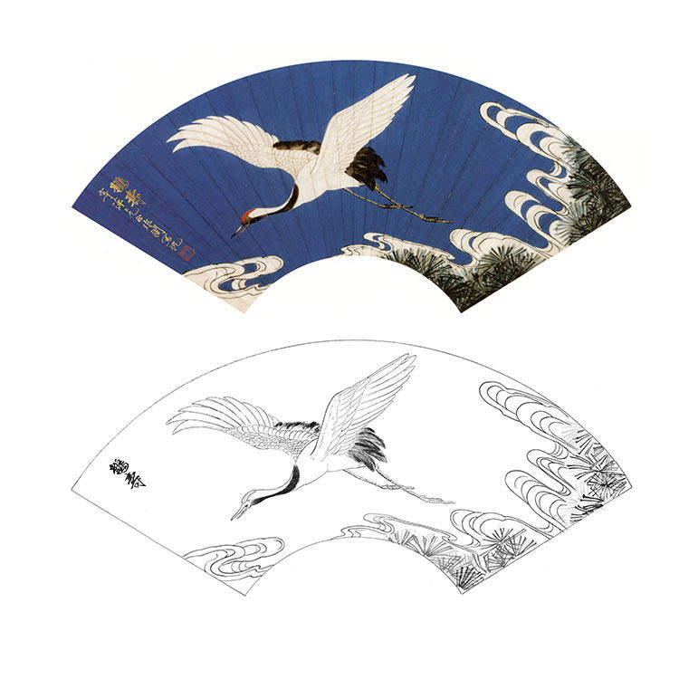 工笔画白描底稿扇面国画花鸟松鹤图实物打印于非闇线条非电子yf64