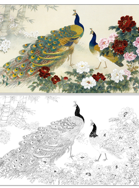 工笔画线稿牡丹孔雀横大幅花鸟白描底稿王庆升实物打印非宣纸QA02