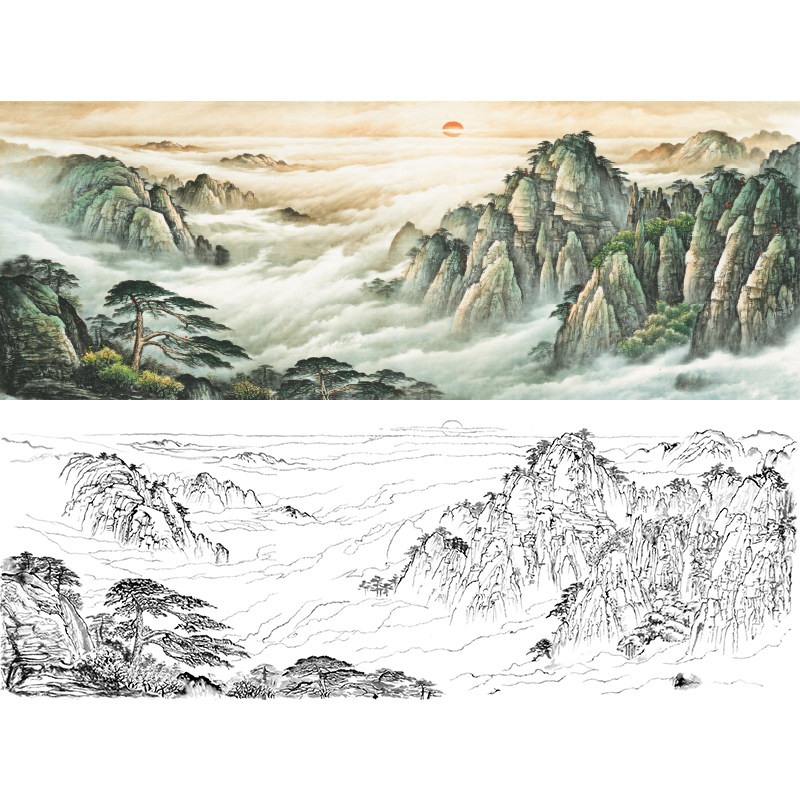 日出工笔山水白描底稿旭日东升风水画实物打印线稿用作临摹FS07