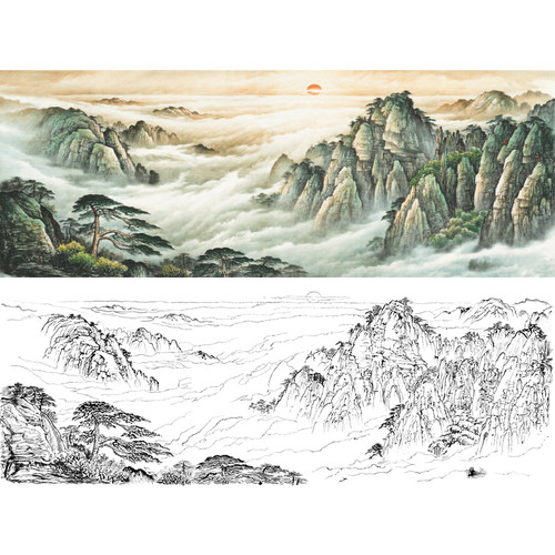 日出工笔山水白描底稿旭日东升风水画实物打印线稿用作临摹FS07