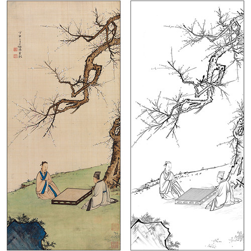 工笔画山水人物白描底稿陈少梅《梅花对弈图》临摹打印线稿SM22