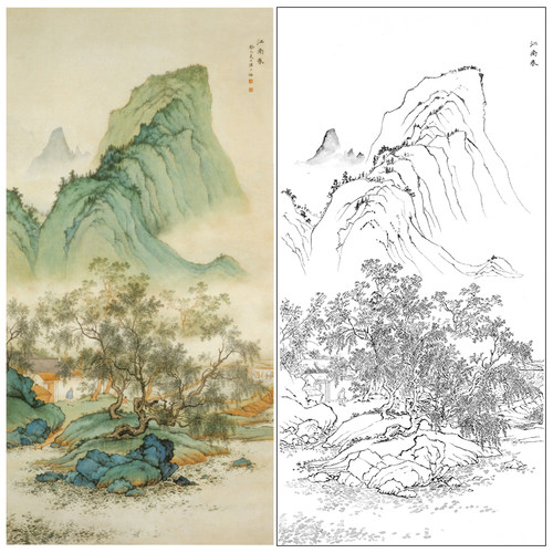 陈少梅山水工笔画白描底稿竖幅《江南春》临摹过稿实物打印线LQ36