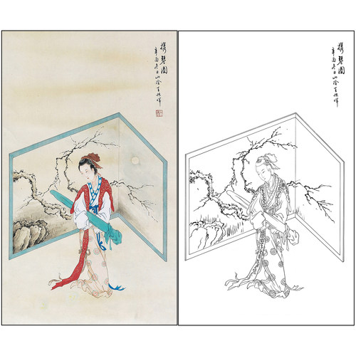 工笔画白描底稿王叔晖《携琴图》仕女人物竖幅高清实物打印稿SH65