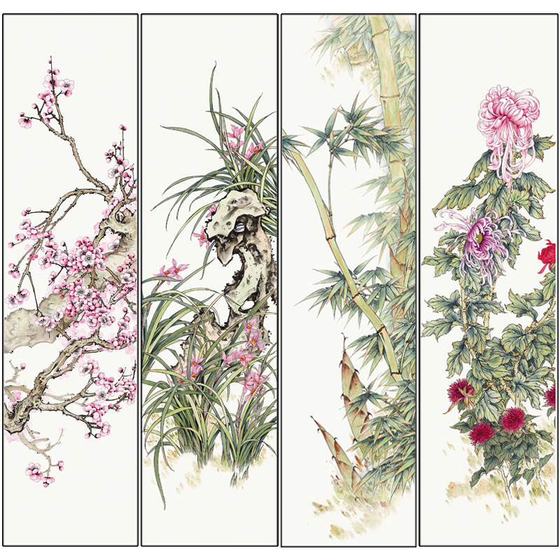 梅兰竹菊工笔画白描底稿四幅竖稿