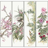工笔画白描底稿梅兰竹菊四幅竖条屏陈军工笔花鸟实物打印线稿CJ69