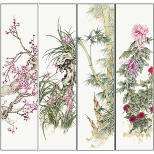 工笔画白描底稿梅兰竹菊四幅竖条屏陈军工笔花鸟实物打印线稿CJ69